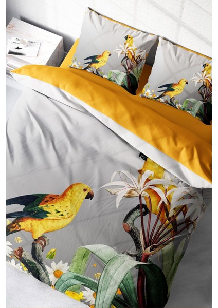 Çift Kişilik Lastikli Çarşaflı Pamuk Saten Yellow Parrot Nevresim Takımı