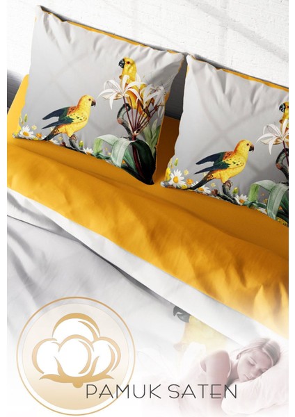 Çift Kişilik Lastikli Çarşaflı Pamuk Saten Yellow Parrot Nevresim Takımı
