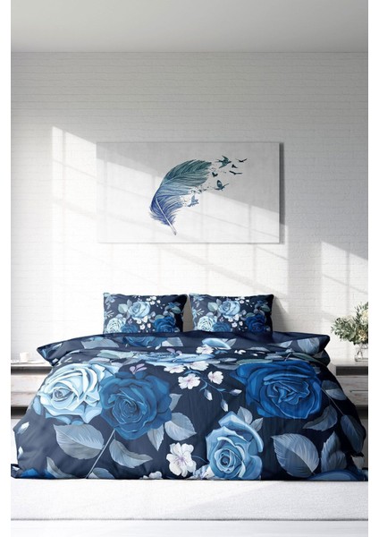 Çift Kişilik Lastikli Çarşaflı Pamuk Saten Blue Flower Nevresim Takımı