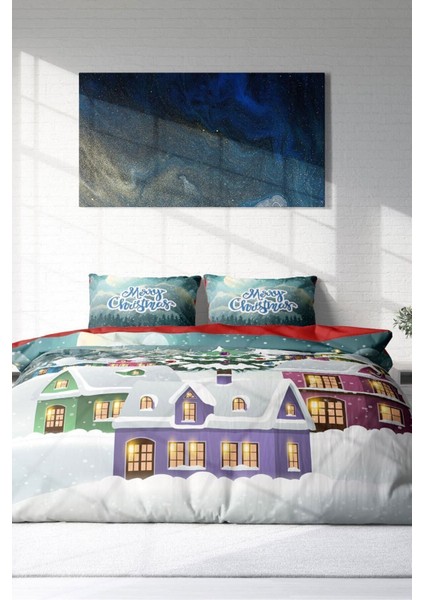 Yılbaşı Çift Kişilik Nevresim Lastikli Çarşaflı Pamuk Saten Village Nevresim Takımı