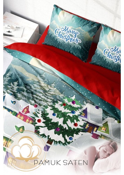 Yılbaşı Çift Kişilik Nevresim Lastikli Çarşaflı Pamuk Saten Village Nevresim Takımı fırsatları