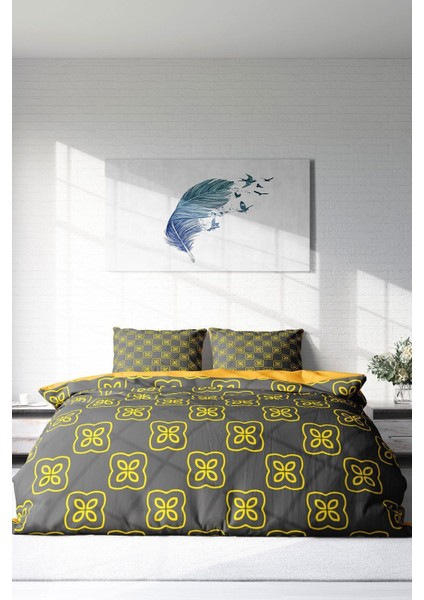 Çift Kişilik Lastikli Çarşaflı Pamuk Saten Yellow Mosaic Nevresim Takımı