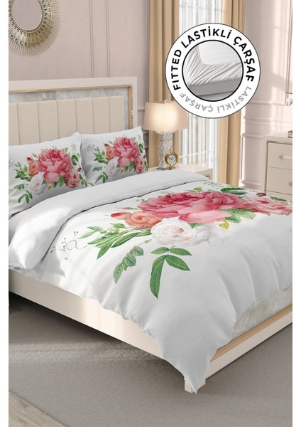 Lastikli Çarşaflı Pamuk Saten Çift Kişilik New Floral Nevresim Takımı