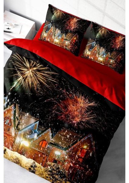 Yılbaşı Çift Kişilik Nevresim Lastikli Çarşaflı Pamuk Saten Nights Houses Nevresim Takımı