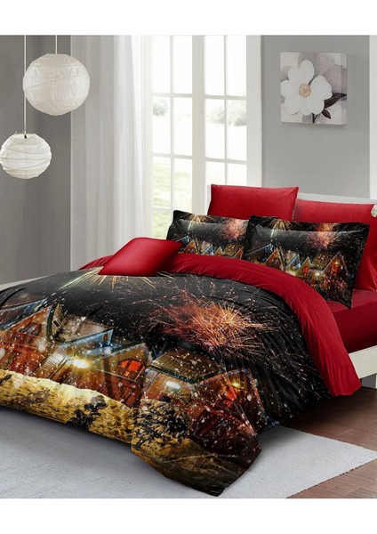 Yılbaşı Çift Kişilik Nevresim Lastikli Çarşaflı Pamuk Saten Nights Houses Nevresim Takımı modelleri