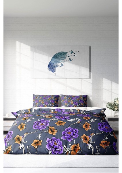 Çift Kişilik Lastikli Çarşaflı Pamuk Saten Purple Floral Nevresim Takımı