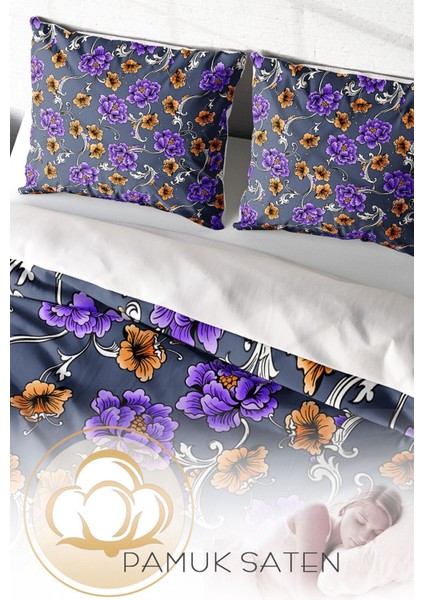 Çift Kişilik Lastikli Çarşaflı Pamuk Saten Purple Floral Nevresim Takımı fırsatları