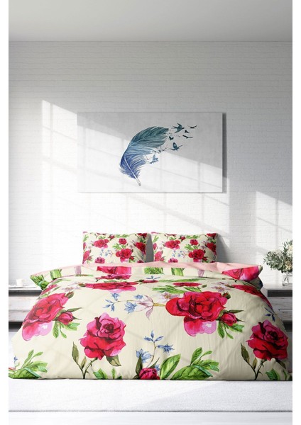 Çift Kişilik Lastikli Çarşaflı Pamuk Saten Aquarelle Rose Nevresim Takımı