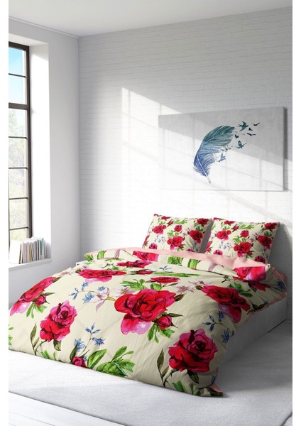Çift Kişilik Lastikli Çarşaflı Pamuk Saten Aquarelle Rose Nevresim Takımı fiyatları