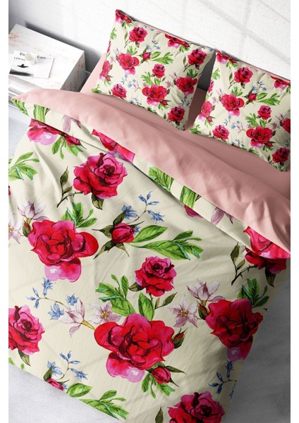 Çift Kişilik Lastikli Çarşaflı Pamuk Saten Aquarelle Rose Nevresim Takımı modelleri