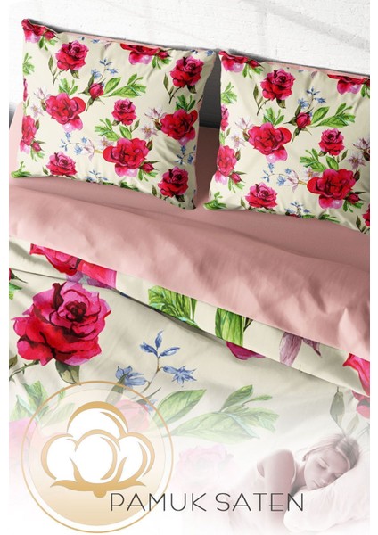 Çift Kişilik Lastikli Çarşaflı Pamuk Saten Aquarelle Rose Nevresim Takımı fırsatları