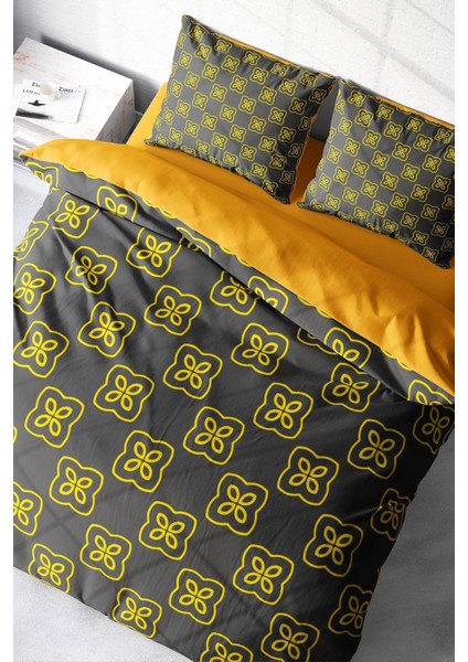 Lastikli Çarşaflı Pamuk Saten Çift Kişilik Yellow Mosaic Nevresim Takımı