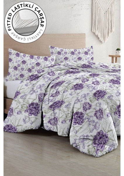 Çift Kişilik Lastikli Çarşaflı Pamuk Saten Tuval Koleksiyonu Lilac Nevresim Takımı modelleri