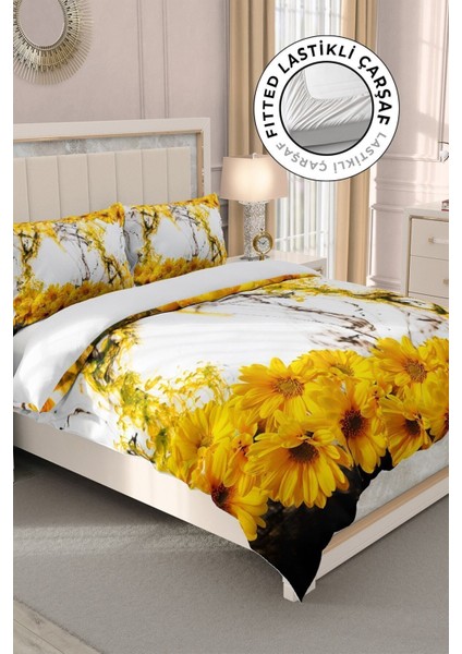 Çift Kişilik Lastikli Çarşaflı Pamuk Saten Yellow Daisy Nevresim Takımı modelleri
