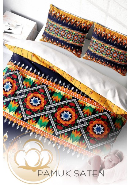 Çift Kişilik Lastikli Çarşaflı Pamuk Saten Oriental Ethnic Nevresim Takımı fırsatları