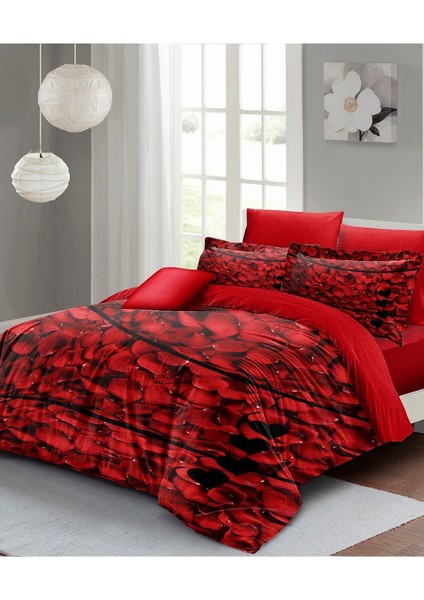 Doğal Pamuk Çift Kişilik 3D Digital Red Rose Feather Nevresim Takımı
