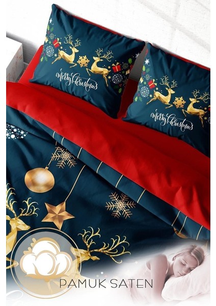 Yılbaşı Çift Kişilik Nevresim Lastikli Çarşaflı Pamuk Saten Deer Noel Nevresim Takımı fırsatları