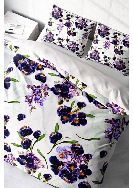 Lastikli Çarşaflı Pamuk Saten Çift Kişilik Purple Flowers Nevresim Takımı
