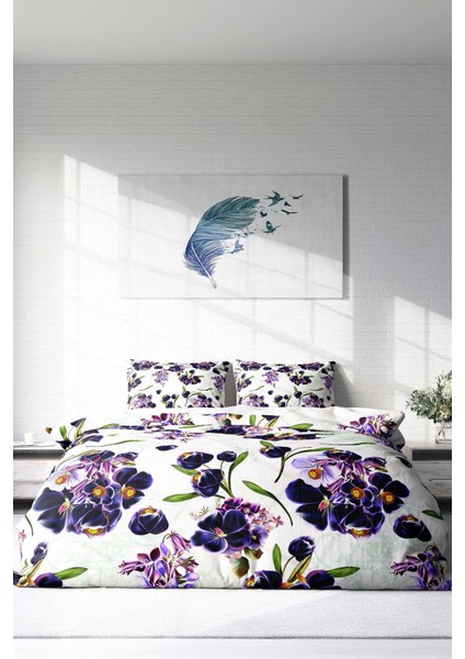 Lastikli Çarşaflı Pamuk Saten Çift Kişilik Purple Flowers Nevresim Takımı modelleri