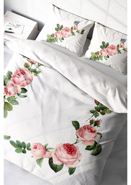 Lastikli Çarşaflı Pamuk Saten Çift Kişilik Flower-White Nevresim Takımı