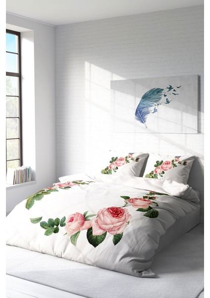 Lastikli Çarşaflı Pamuk Saten Çift Kişilik Flower-White Nevresim Takımı