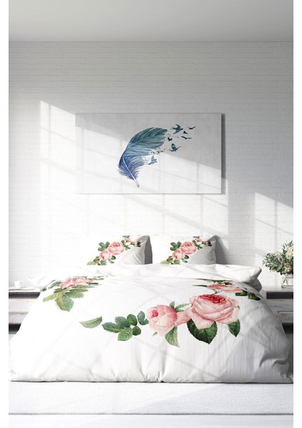 Lastikli Çarşaflı Pamuk Saten Çift Kişilik Flower-White Nevresim Takımı