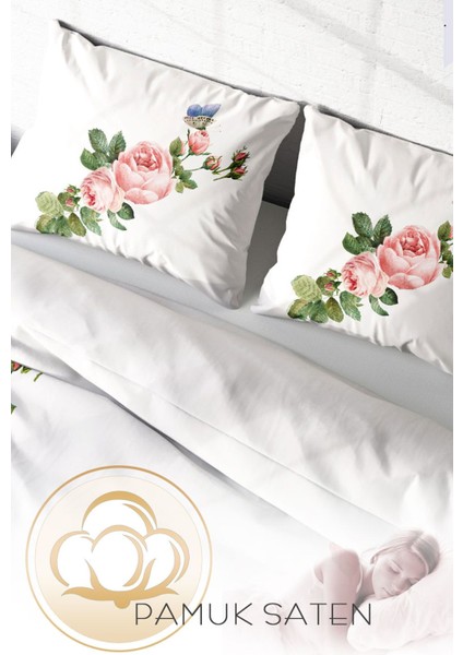 Lastikli Çarşaflı Pamuk Saten Çift Kişilik Flower-White Nevresim Takımı