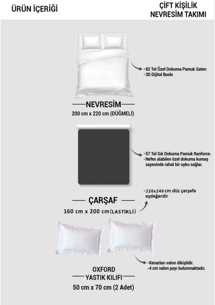 Lastikli Çarşaflı Pamuk Saten Çift Kişilik Flower-White Nevresim Takımı