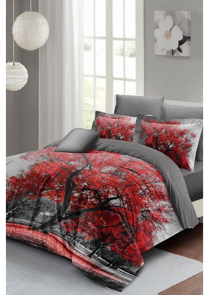Çift Kişilik Sık Dokuma Pamuk Saten 3D Özel Tasarım Red Tree Nevresim Takımı