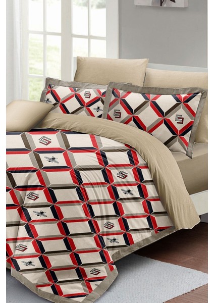 Çift Kişilik Lastikli Çarşaflı Pamuk Saten Geometric Design Nevresim Takımı