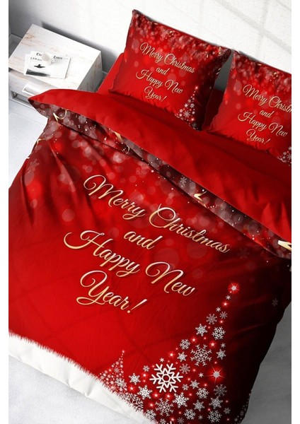 Yılbaşı Çift Kişilik Nevresim Lastikli Çarşaflı Pamuk Saten New Noel Nevresim Takımı