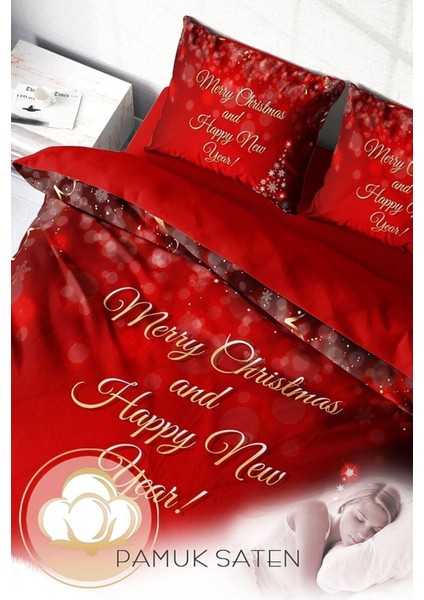 Yılbaşı Çift Kişilik Nevresim Lastikli Çarşaflı Pamuk Saten New Noel Nevresim Takımı fırsatları
