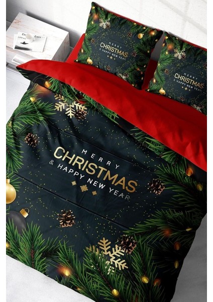 Yılbaşı Çift Kişilik Nevresim Lastikli Çarşaflı Pamuk Saten Blue Noel Nevresim Takımı