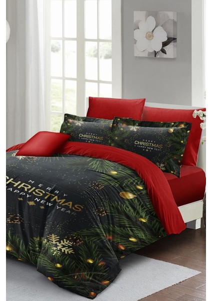 Yılbaşı Çift Kişilik Nevresim Lastikli Çarşaflı Pamuk Saten Blue Noel Nevresim Takımı modelleri