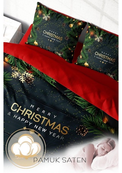 Yılbaşı Çift Kişilik Nevresim Lastikli Çarşaflı Pamuk Saten Blue Noel Nevresim Takımı fırsatları