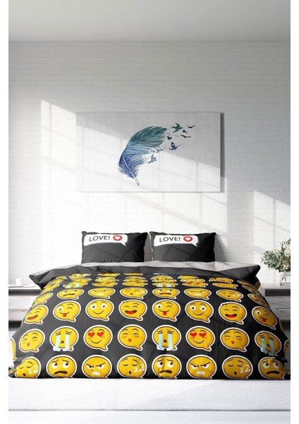 Çift Kişilik Lastikli Çarşaflı Pamuk Saten I Love Emoji Nevresim Takımı