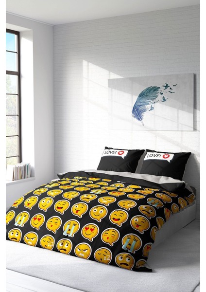Çift Kişilik Lastikli Çarşaflı Pamuk Saten I Love Emoji Nevresim Takımı fiyatları