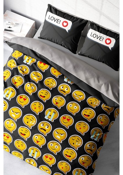 Çift Kişilik Lastikli Çarşaflı Pamuk Saten I Love Emoji Nevresim Takımı modelleri