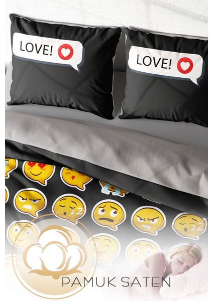 Çift Kişilik Lastikli Çarşaflı Pamuk Saten I Love Emoji Nevresim Takımı fırsatları