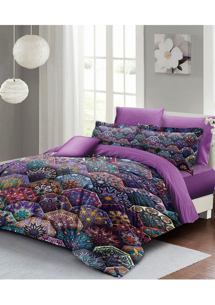 Çift Kişilik Lastikli Çarşaflı Pamuk Saten Ethnic Purple Nevresim Takımı