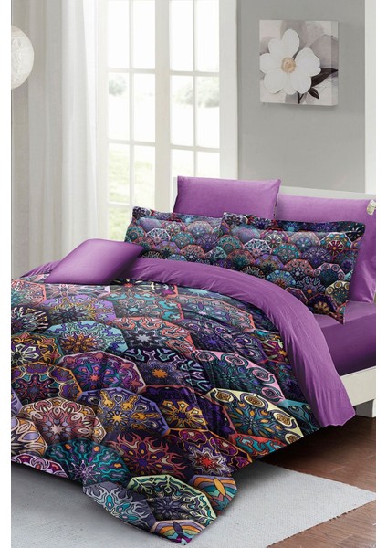 Çift Kişilik Lastikli Çarşaflı Pamuk Saten Ethnic Purple Nevresim Takımı modelleri