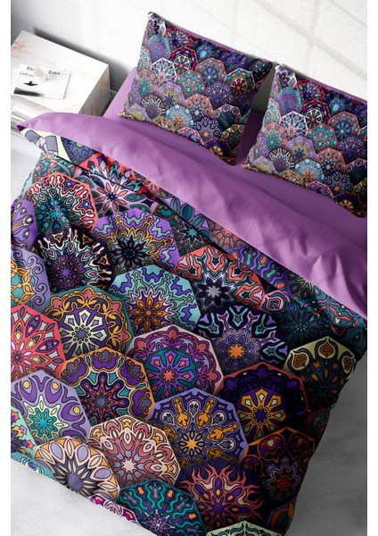 Çift Kişilik Lastikli Çarşaflı Pamuk Saten Ethnic Purple Nevresim Takımı fırsatları