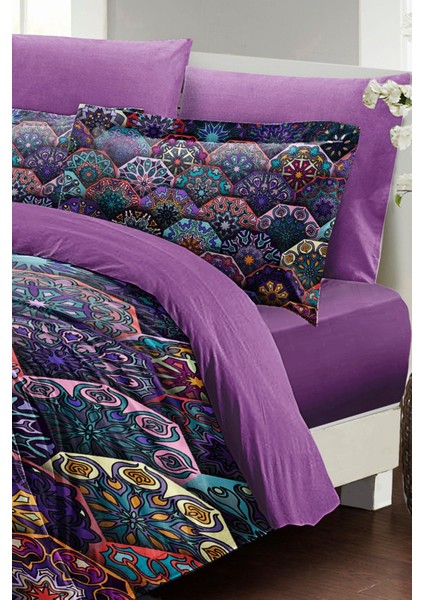 Çift Kişilik Lastikli Çarşaflı Pamuk Saten Ethnic Purple Nevresim Takımı indirimleri