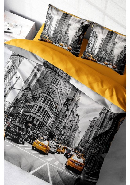 Çift Kişilik Nevresim Seti Sık Dokuma Pamuk Saten 3D Özel Tasarım Taxi (Çarşafsızdır) Nevresim Takımı