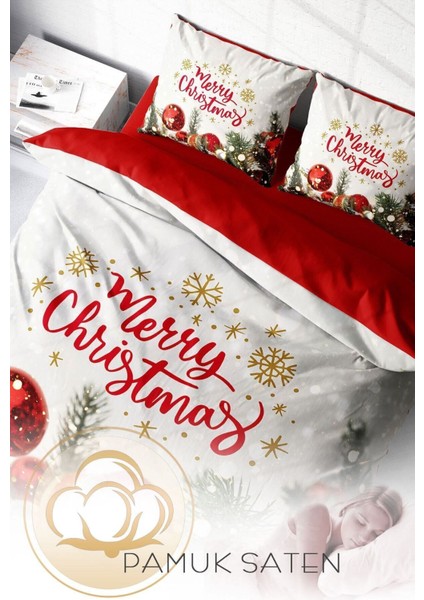 Yılbaşı Çift Kişilik Nevresim Lastikli Çarşaflı Pamuk Saten Merry Christmas Nevresim Takımı