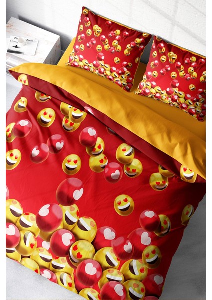 Lastikli Çarşaflı Pamuk Saten Çift Kişilik Emoji In Red Nevresim Takımı
