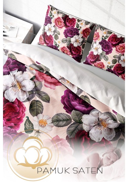 Çift Kişilik Lastikli Çarşaflı Pamuk Saten Flower Dream Nevresim Takımı fırsatları