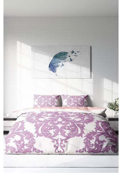 Çift Kişilik Lastikli Çarşaflı Pamuk Saten Pink Damask Nevresim Takımı