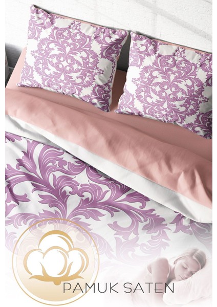 Çift Kişilik Lastikli Çarşaflı Pamuk Saten Pink Damask Nevresim Takımı fırsatları