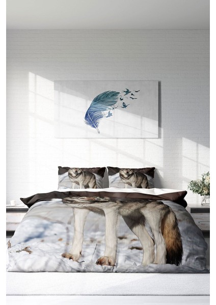 Çift Kişilik Lastikli Çarşaflı Pamuk Saten Snowwolf Nevresim Takımı
